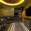 Yellow Themed KTV Interior Design With Brown Leather Sofas And Circular Ceiling Lighting