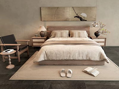 Double Bed With Beige Bedspread Wooden Headboard Nightstands And Decorative Painting Above Rug With Slippers 3d model