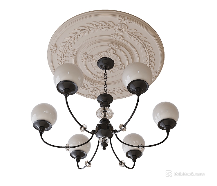 Classic White Shade Chandelier with Black Frame Chain and Carved Ceiling Medallion 3d model 