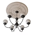 Classic White Shade Chandelier with Black Frame Chain and Carved Ceiling Medallion