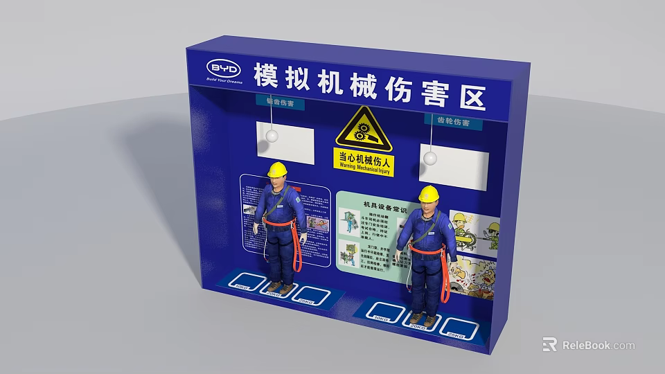 Construction Site Mechanical Injury Simulation Area With Safety Training Models And Warning Signs 3d model 
