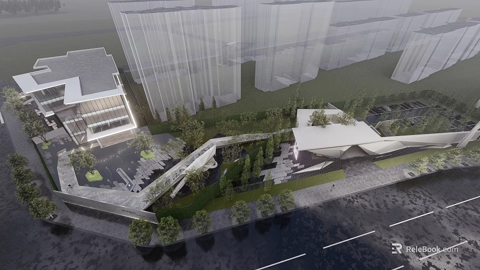 Modern Urban Landscape Design With High Rise Buildings Green Spaces And Water Pathway 3d model 