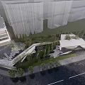 Modern Urban Landscape Design With High Rise Buildings Green Spaces And Water Pathway