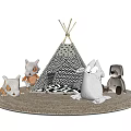 Kids Tepee Tent With Striped Pattern And Stuffed Animal Toys On Play Mat