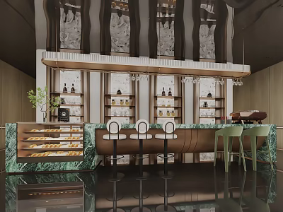 Luxurious Modern Bar Interior With Marble Counter Stools And Bottle Shelves 3d model