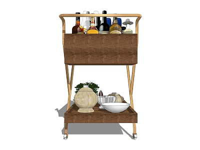 Commercial Two Tier Serving Cart with Top Shelf Bottles Lower Shelf Bowl Vase on Wheels 3d model