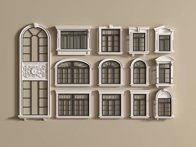 Various Styles of Casement Windows with Different Shapes and Designs White Frames and Decorative Borders 3d model