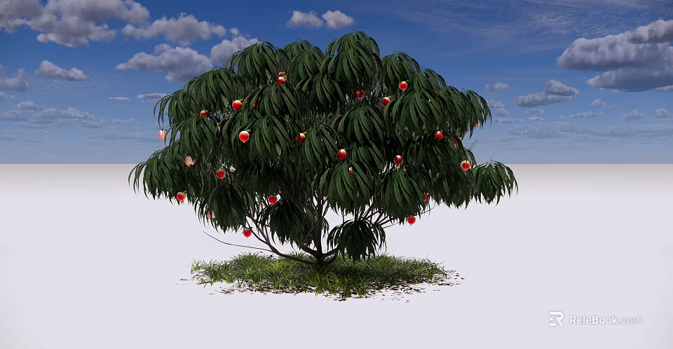 Lush Tree With Green Leaves Red Fruits Grass And White Clouds Under Blue Sky 3d model 