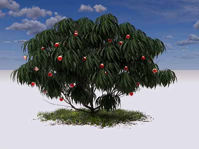 Lush Tree With Green Leaves Red Fruits Grass And White Clouds Under Blue Sky 3d model