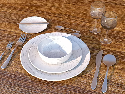 White Porcelain Dinnerware With Dotted Plates Bowl And Steel Cutlery Wine Glasses On Wooden Table 3d model