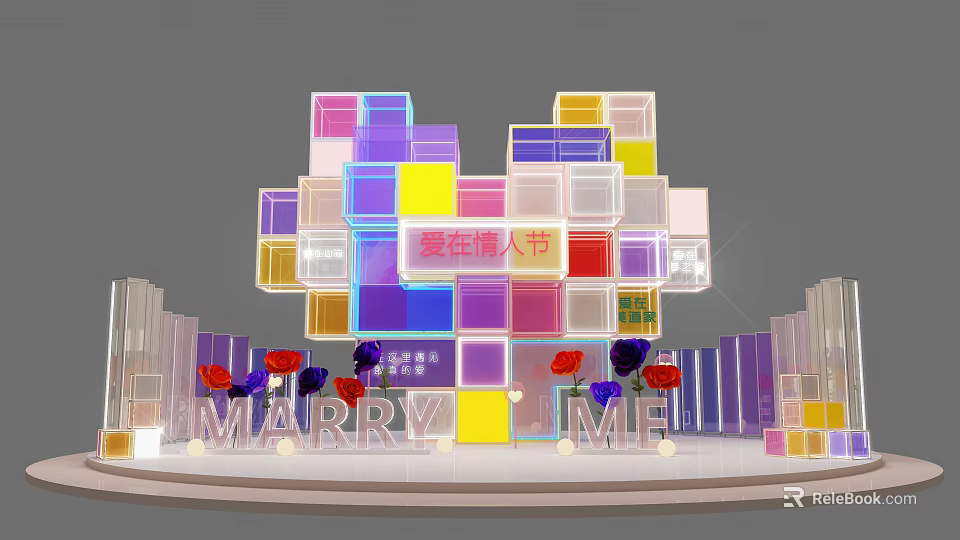Colorful Cube Decor Valentine's Day Setup With Marry Me Letters And Roses 3d model 