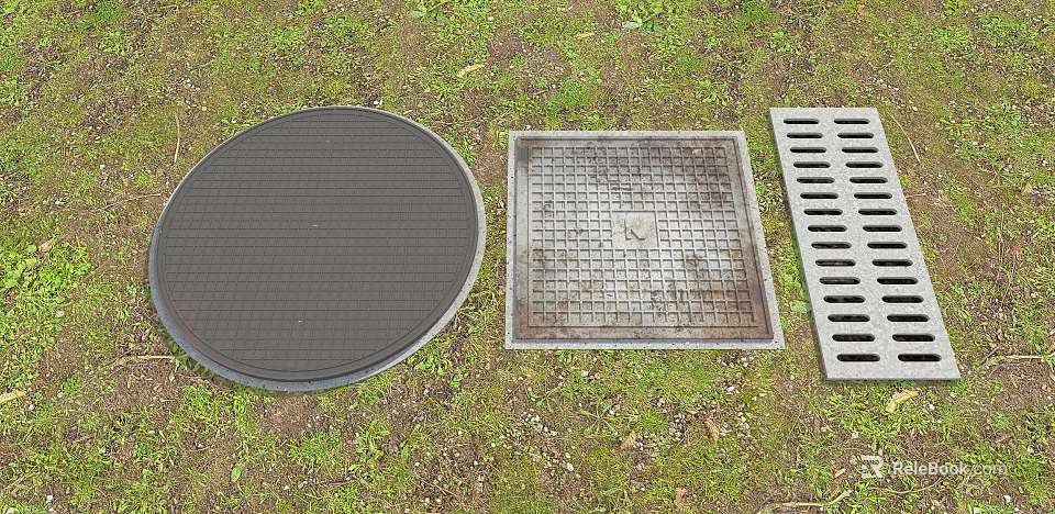 Garden Decorative Drain Covers Featuring Round Square And Slotted Shapes On Grass 3d model 