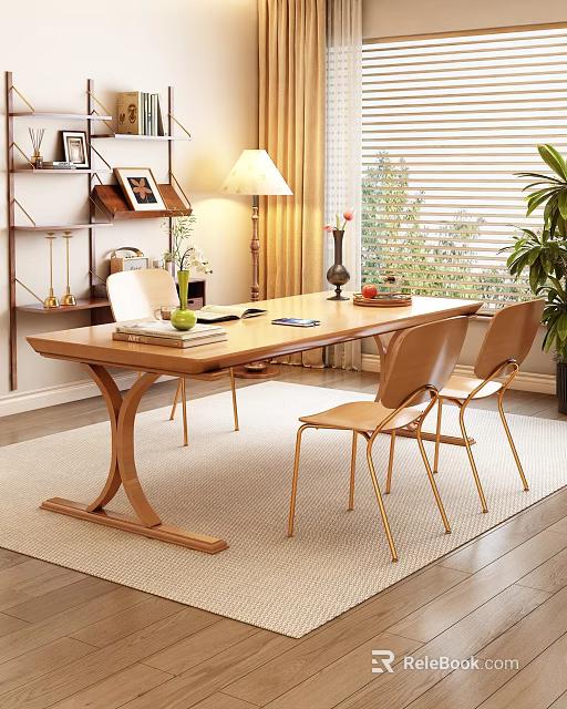 Wooden Desk With Chairs Lamp Bookshelf Window And Plant In Cozy Room 3d model 