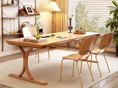 Wooden Desk With Chairs Lamp Bookshelf Window And Plant In Cozy Room 3d model