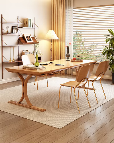 Wooden Desk With Chairs Lamp Bookshelf Window And Plant In Cozy Room 3d model