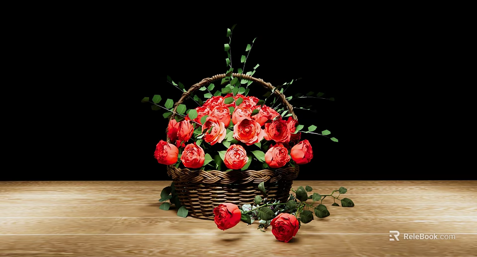 Fresh Red Roses In Decorative Wicker Basket With Green Leaves On Wooden Table Black Background 3d model 