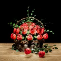 Fresh Red Roses In Decorative Wicker Basket With Green Leaves On Wooden Table Black Background
