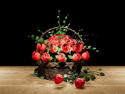 Fresh Red Roses In Decorative Wicker Basket With Green Leaves On Wooden Table Black Background 3d model