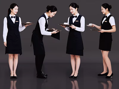Professional Waitresses In Black Aprons Holding Trays During Service Actions 3d model