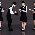 Professional Waitresses In Black Aprons Holding Trays During Service Actions