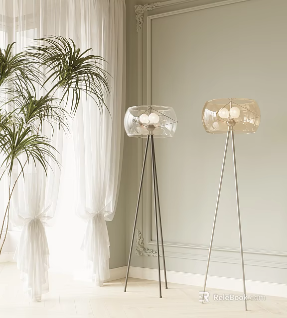 Modern Floor Lamps with Transparent Shades and Metal Stands near Green Plants and White Curtains 3d model 