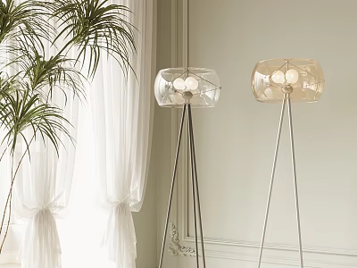 Modern Floor Lamps with Transparent Shades and Metal Stands near Green Plants and White Curtains 3d model