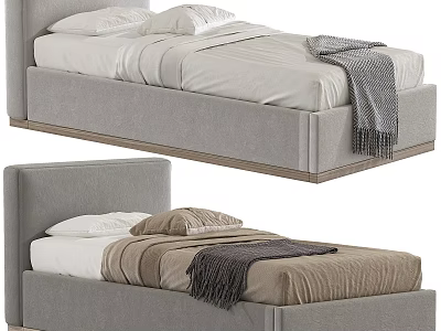 Modern Upholstered Single Bed with Gray Beige Frame and Soft Blanket Pillows 3d model