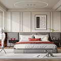 Modern Minimalist Bedroom With Cozy Bed Headboard Decorative Artwork Nightstand And Green Plant