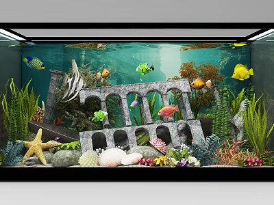 Colorful Tropical Fish Tank with Aquatic Plants Decorative Arch and Starfish 3d model