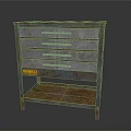 Rusty Chest of Drawers with Multiple Drawers Bottom Shelf and Yellow RAWAL Label