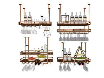 Hanging Wine Rack With Multi-tiered Shelves Holding Wine Bottles Glasses And Fruit Bowl 3d model