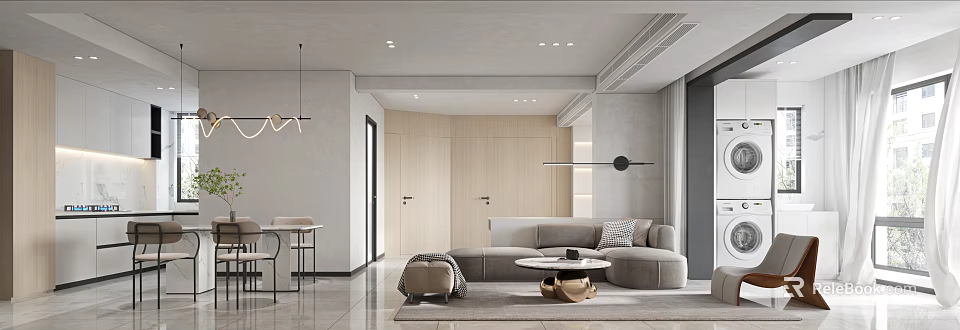 Sleek Living and Dining Interior Design With Beige Sofa Round Coffee Table and Pendant Lights 3d model 