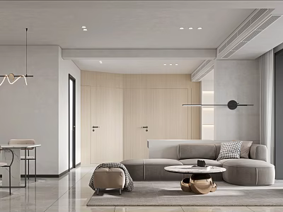 Sleek Living and Dining Interior Design With Beige Sofa Round Coffee Table and Pendant Lights 3d model