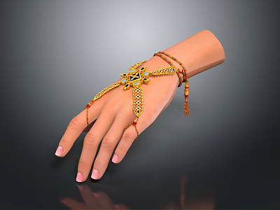Elegant Golden Hand Jewelry With Bracelet And Finger Chain Decorations 3d model