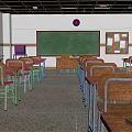 School Classroom With Neatly Arranged Wooden Desks Green Chalkboard And Bulletin Board