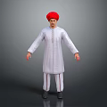 Man in White Robe and Red Striped Pants Wearing Red Turban Against Gray Background