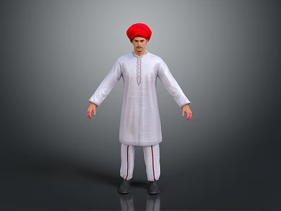 Man in White Robe and Red Striped Pants Wearing Red Turban Against Gray Background 3d model