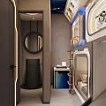 Space Capsule Hotel Room With Bunk Bed Ladder Moon Decor Blue Lighting And Cosmic Theme