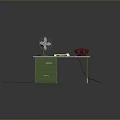 Green Dining Table With Drawers Displaying Fan Red Telephone Papers Coffee Cup On Wooden Floor