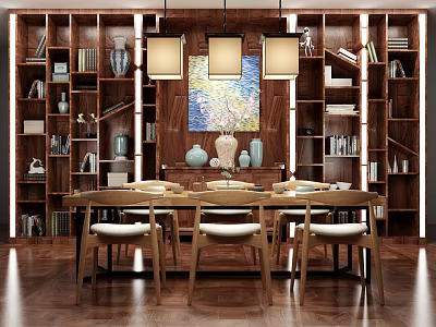 Elegant Traditional Tea Table And Chairs With Wooden Bookshelves Pendant Lights And Wall Painting 3d model
