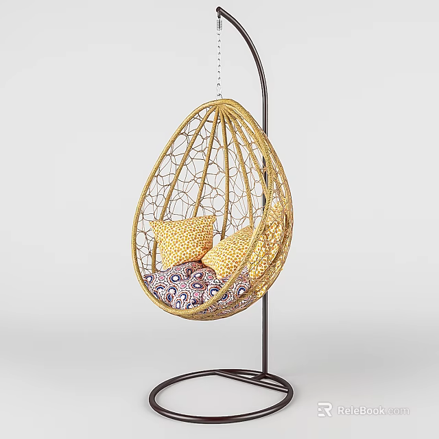 Stylish Rattan Hanging Chair With Metal Stand And Colorful Cushions For Home 3d model 
