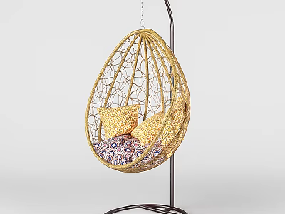 Stylish Rattan Hanging Chair With Metal Stand And Colorful Cushions For Home 3d model