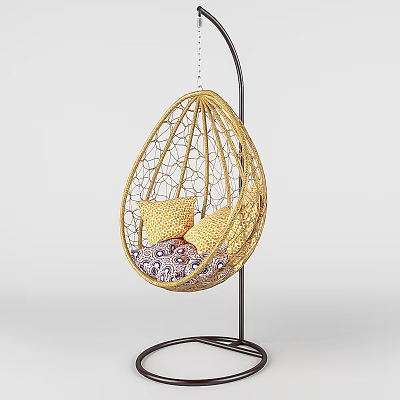 Stylish Rattan Hanging Chair With Metal Stand And Colorful Cushions For Home 3d model