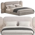 Modern Upholstered Double Bed With Curved Headboard Beige Fabric And Soft Pillows Throw Blanket