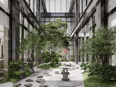 Modern Courtyard Garden Design With Stone Path Trees Green Plants And Stone Lantern 3d model