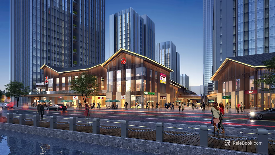 Modern Urban Commercial Street With High Rise Buildings Bustling Pedestrians And Storefronts 3d model 
