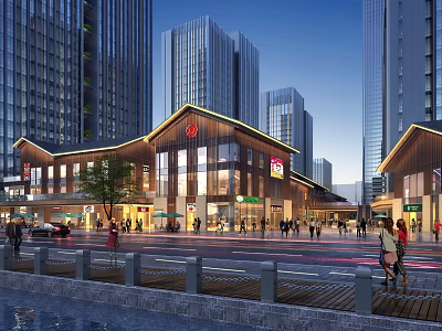 Modern Urban Commercial Street With High Rise Buildings Bustling Pedestrians And Storefronts 3d model