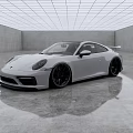Stylish White Sports Car In Modern Concrete Interior With Shiny Floor And Grid Ceiling