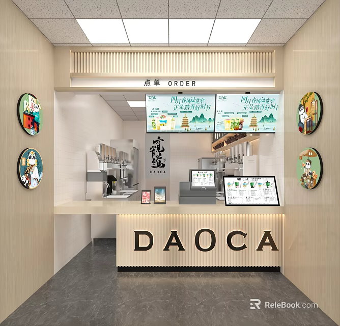Modern Daoca Milk Tea Shop With Counter Menu Boards Wintermelon Drinks And Decorative Wall Art 3d model 