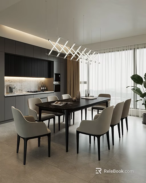 Modern Restaurant Interior With Dark Dining Table Beige Chairs Gray Cabinets And Pendant Lights 3d model 